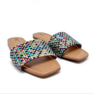 INC International Concepts Rhinestone Slide Flat Sandals Geometric Rainbow 7.5
